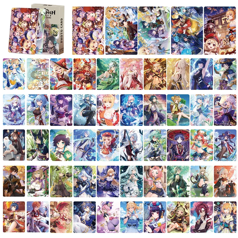 55PCS/Set Anime Genshin Impact Laser Glitter Photocard HD Printed Cards Lomo Card Xiao Kaedehara Kazuha HuTao Fans Collection