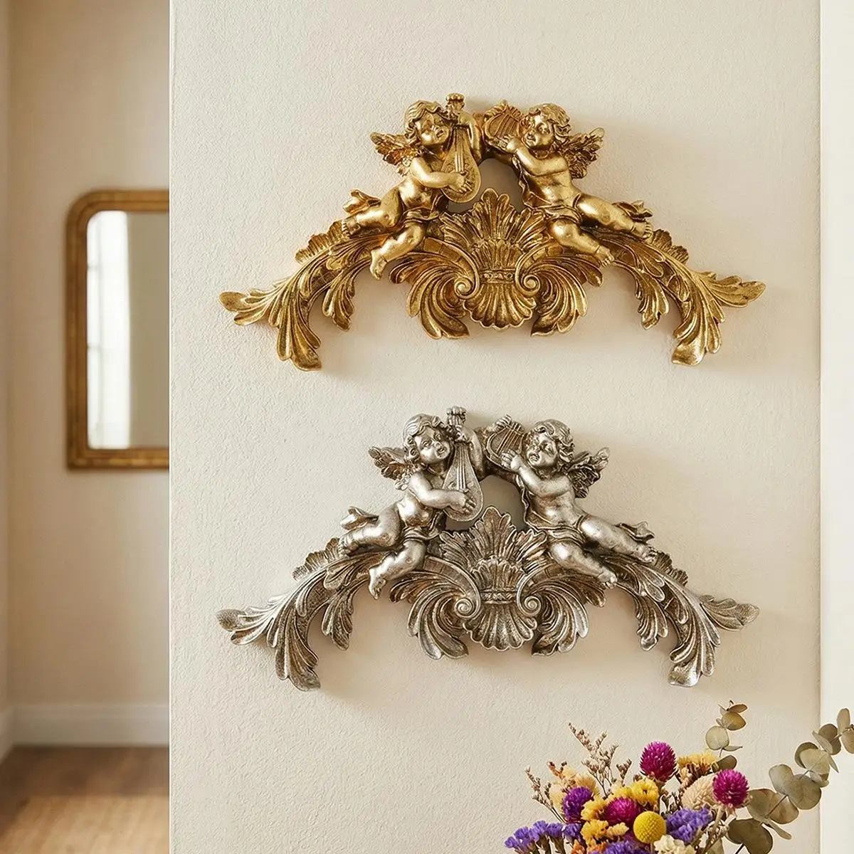 French Vintage Angel Playing Piano Wall Decoration, Ribbon Bow Hanging Ornament. Wall Decoration For Entrance Hall