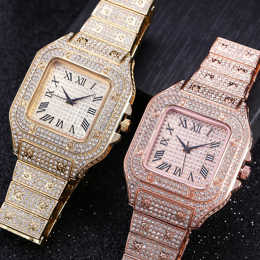 Square Full Star Steel Band Diamond Set Roman Scale Fashion Quartz Watch For Women