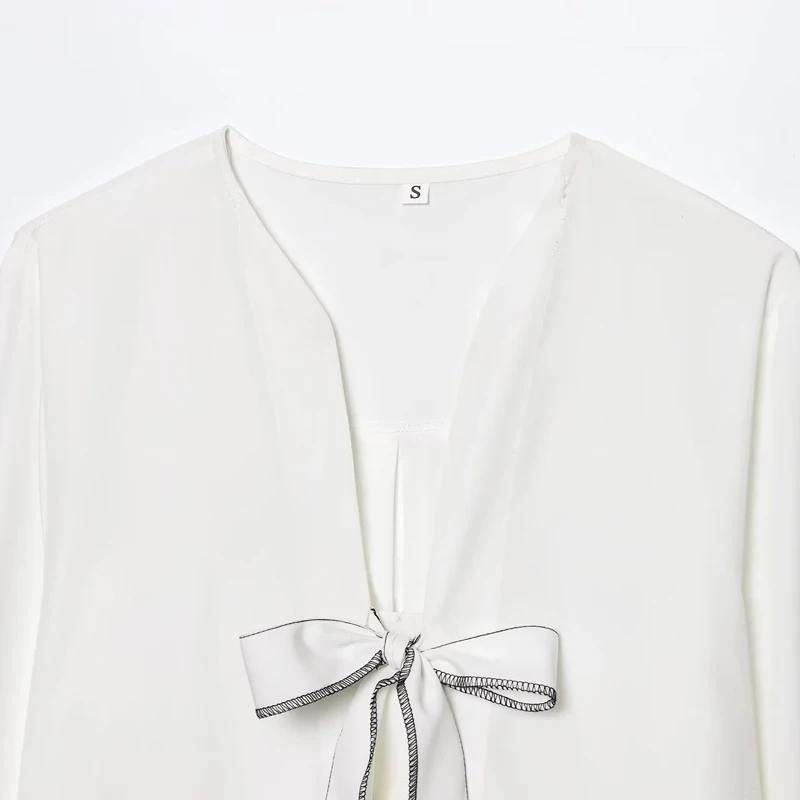 HXAO Top da donna corto a farfalla con cravatta a righe Top bianco Camicie a maniche lunghe ritagliate Estate 2025 Elegante graziosa camicetta 088