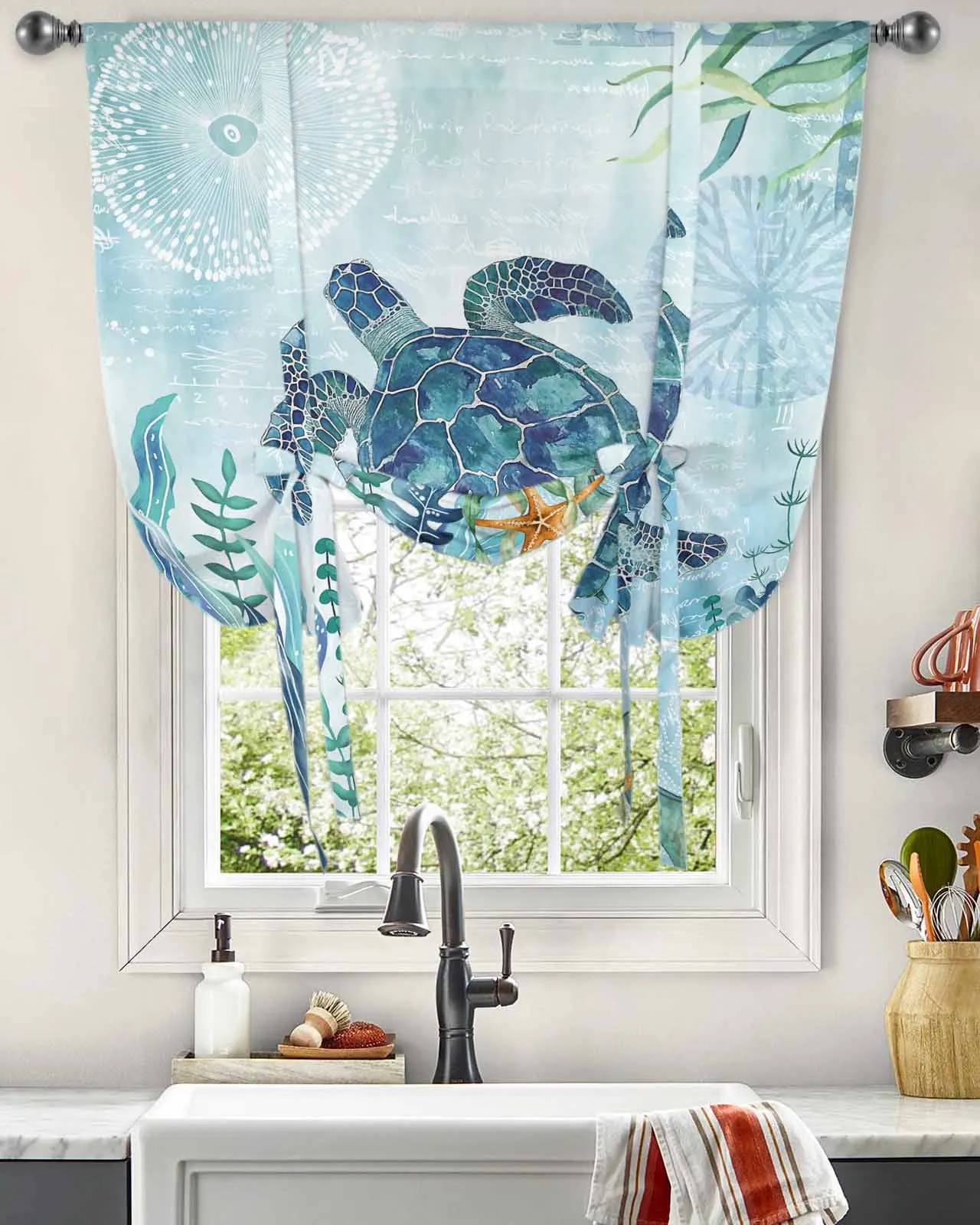 Retro Marine Life Turtle Seaweed Starfish Window Curtains Tie Up Curtains for Kitchen Living Room Adjustable Rod Pocket Valances