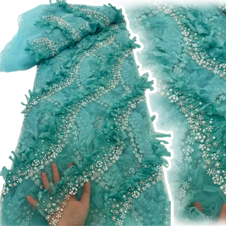 

2026 5 Yards African 3D Lace Fabric High Quality Nigerian Mesh Beaded Sequin Lace Fabric for Women Party Wedding Dresses 2209