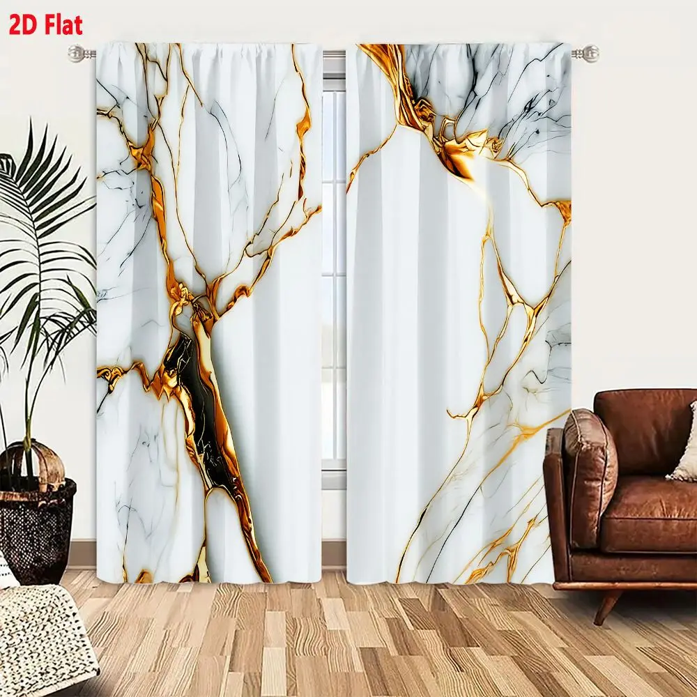 2Pcs Curtains Add 2D Flat Abstract Luxury White Marble Gold Black Vein Pattern High Contrast Elegant Modern Design Background Wi
