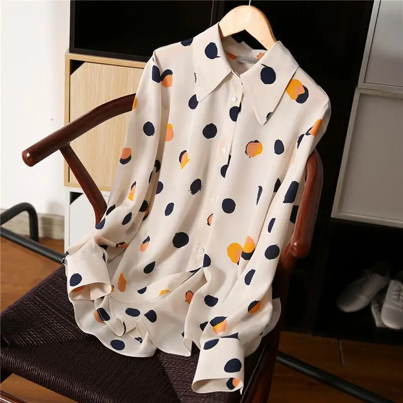 Women's Clothing 2022 Spring Summer Thin Office Lady Loose Dot Pattern Straight Turn-down Collar Button Formal Shirts Printing