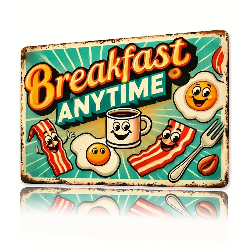 Room Decor , Breakfast Anytime, Breakfast Theme, Iron , Vintage Metal Iron Sign, Retro Plaque Decoration Mural, Multifunctional