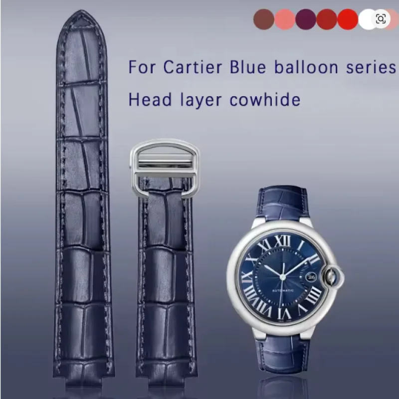 Image of Anwendbares Cartier Blue Balloon Uhrenarmband aus echtem Leder, Unisex, Original-Faltschließe, Schwanzausbuchtung, Rindsleder-Zubehör, 14 mm, 16 m