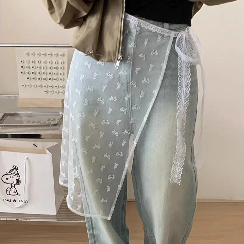 

Korean Fashion Floral Ladies Skirts Y2k Vintage Spicy Girl See Through Skirt Women Lace Up Dating Pants Pairing Stacked Apron