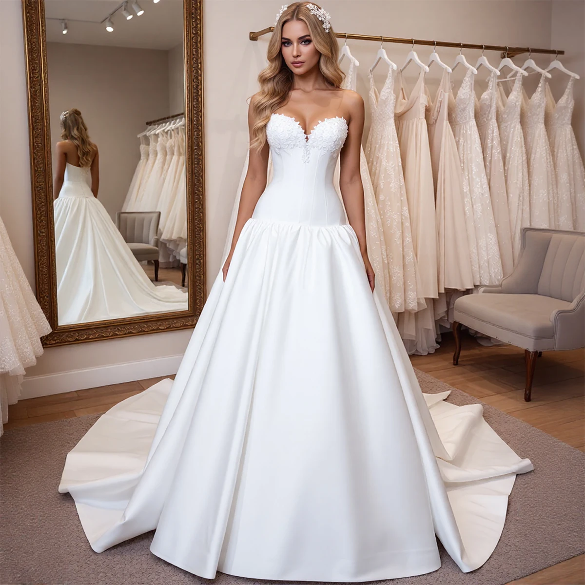 

Romantic Satin Appliques Sweetheart Wedding Dress With Train Long Ball Gown Backless Bridal Party Gown For Bride Vestidos Novia