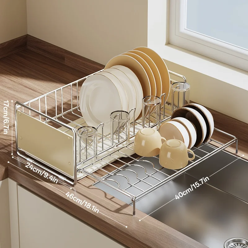 Expandable Kitchen Countertop Dish Rack with Cup Holder, Utensil Organizer and Cutting Board Stand, Sink Side Drying Rack