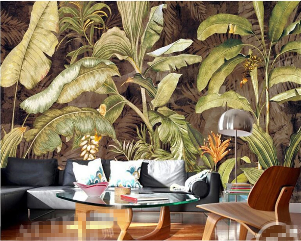 Customized products 3D wallpaper retro tropical plant banana leaves banana flower oil painting background wall mural bedroom 8d