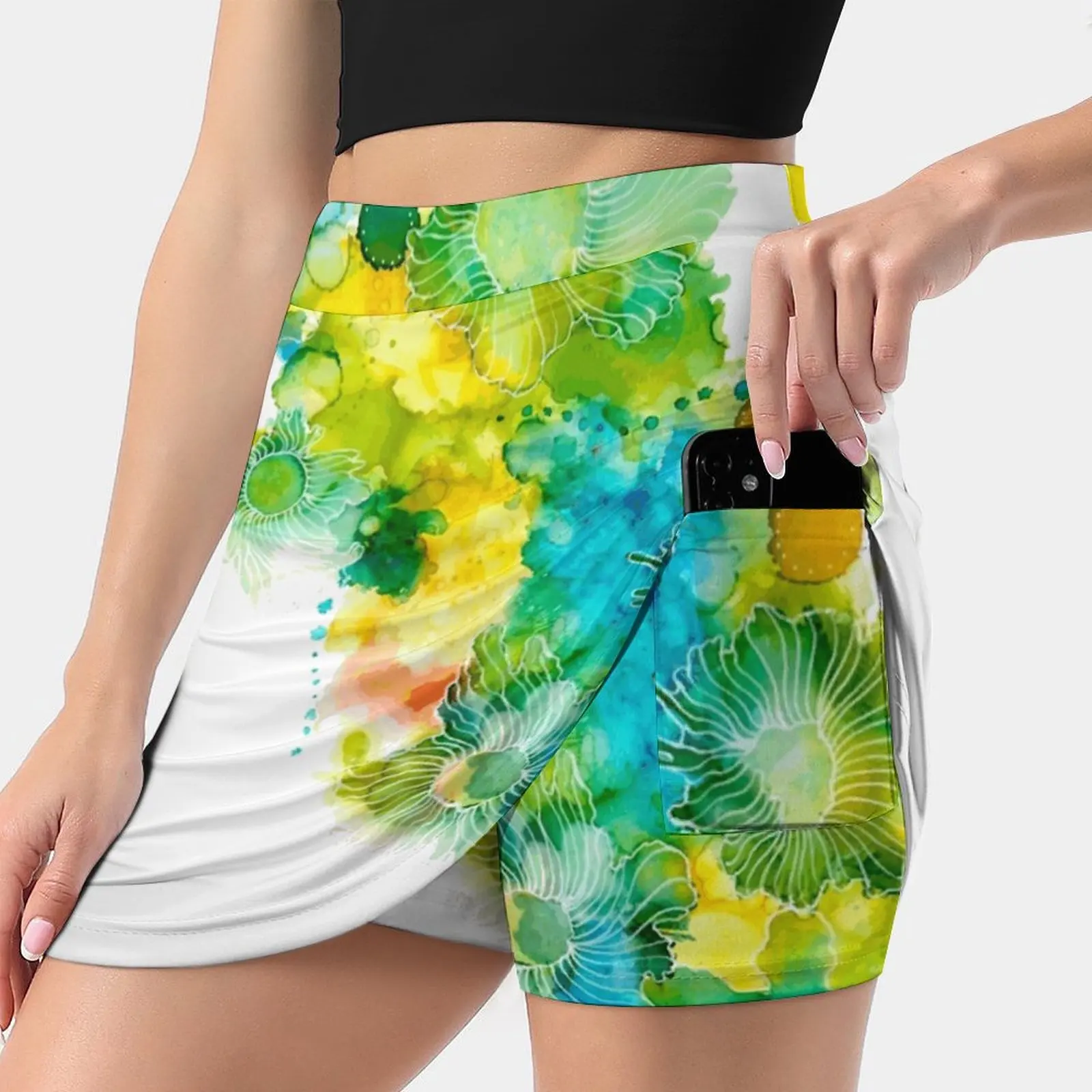 Margarita Women's skirt Mini Skirts A Line Skirt With Hide Pocket Lime Lemon Yellow Green White Drinking Flower Flowers Floral