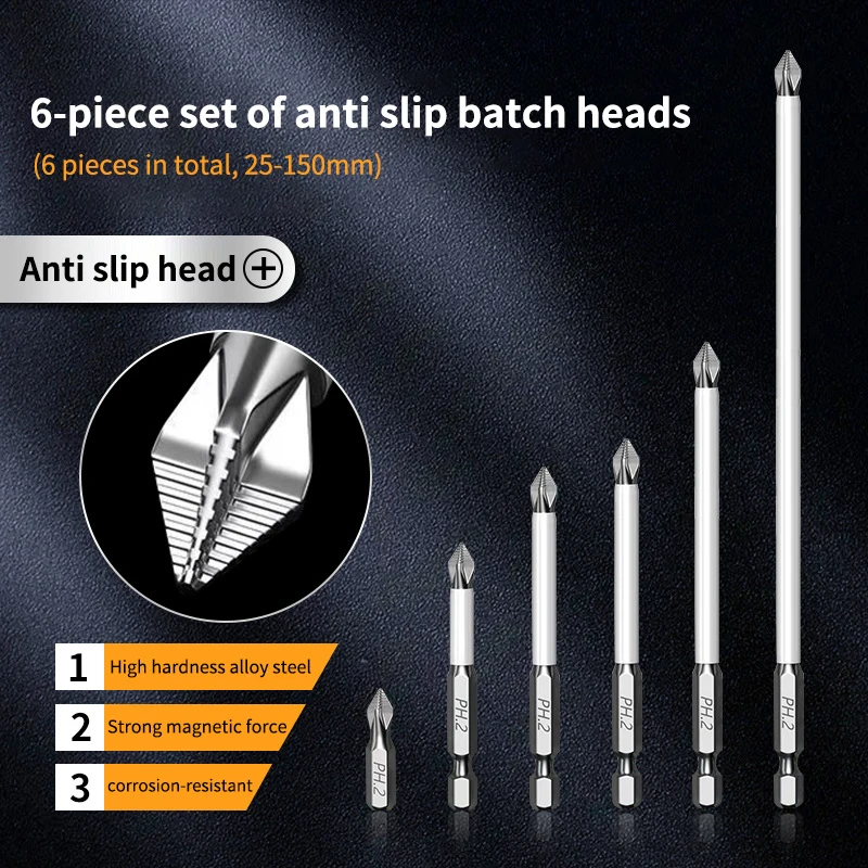 6pcs Set Magnetic Cross Screwdriver Head Magnetic Anti Slip Hardness Electric Screwdriver Tool Electric Drill Extended Hexagonal