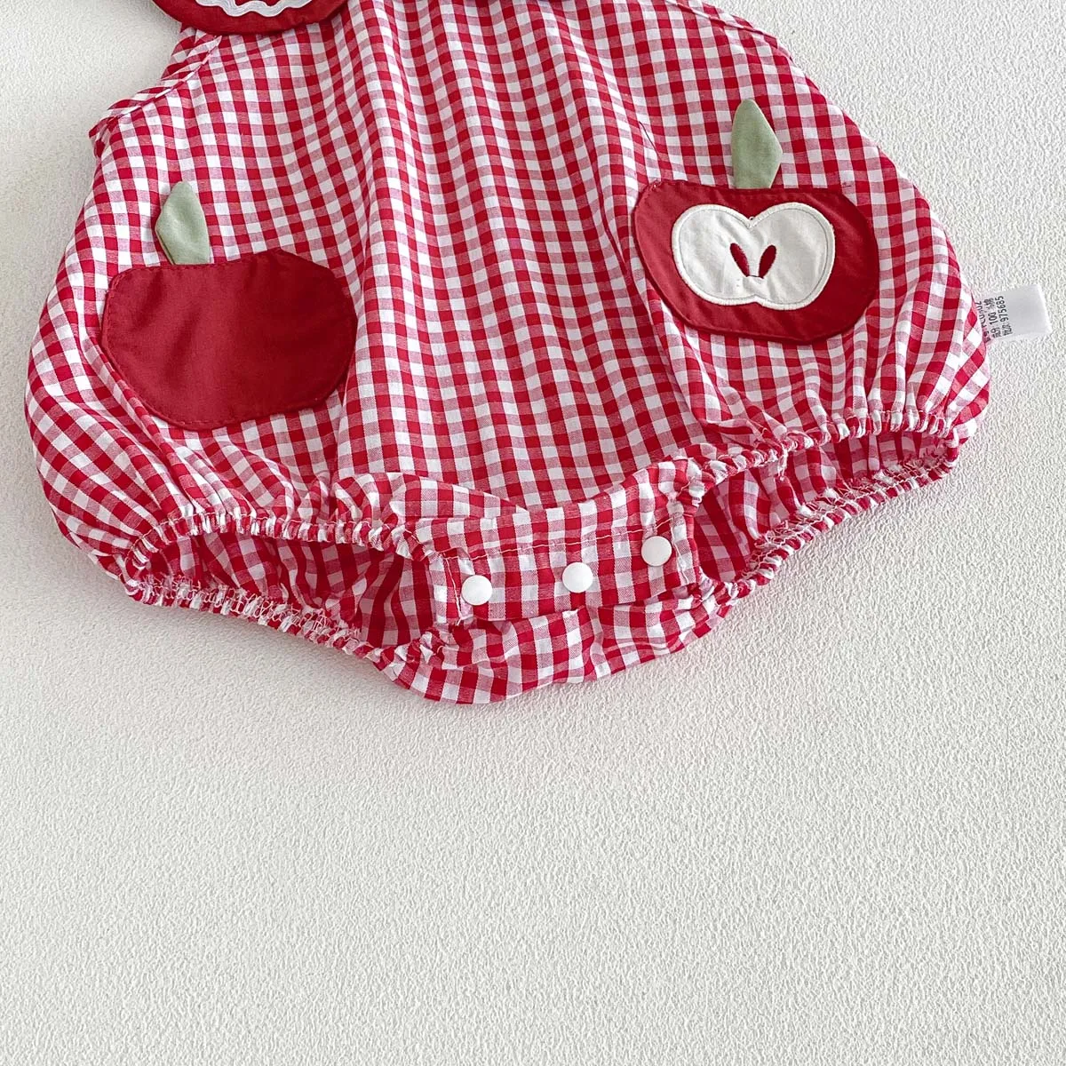 Baby Girl Sleeveless Floral Triangle Romper, Red Plaid Apple Patch Embroidered Doll Collar Summer Baby Romper 5