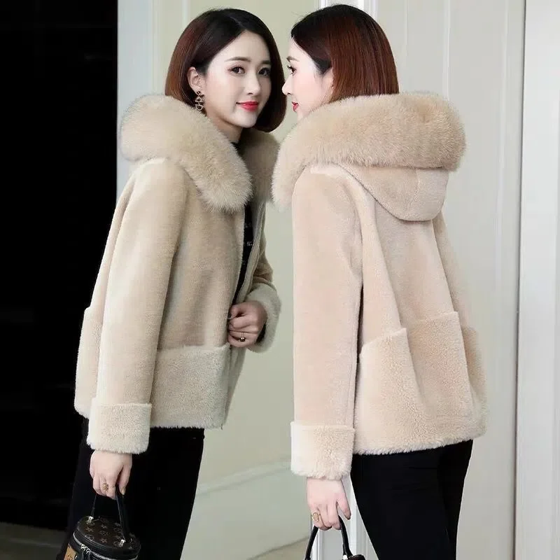 Faux Fur Coat Women\'s Sheep Shearling Autumn And Winter New Granular Velvet Korean Coat Short Fox Fur Collar Hooded Coat Female