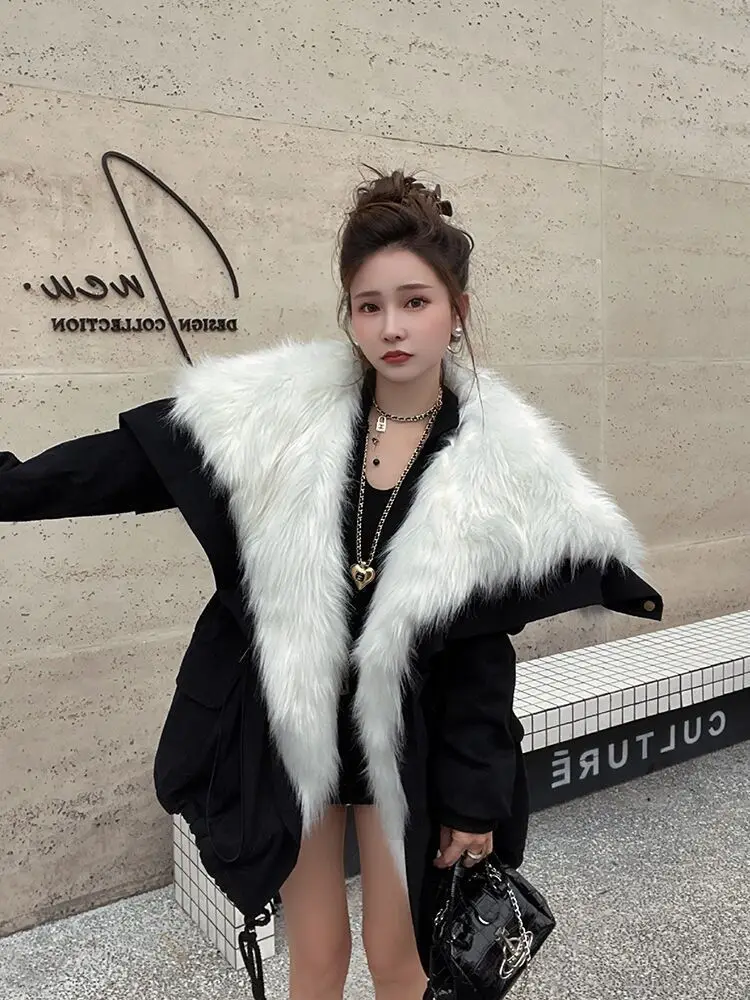 2024 Winter New Cotton Padded Large Fur Jacket with Thickened and Loose Fur Warm Big Pocket Snow Parka Women Winter Outerwear