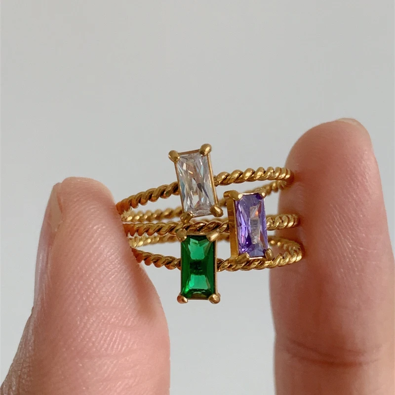 New Ladies Delicate Colorful Purple Green Yellow Cubic Zirconia Square Rings For Women Stainless Steel Braid Ring Jewelry Gift