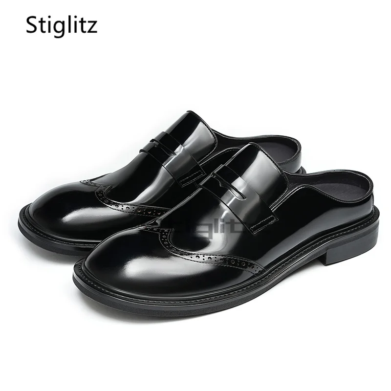 Brogue koeienhuid halve slippers voor heren Britse stijl zakelijk casual stijlvolle slip op ronde neus zomer lederen muilezels schoenen