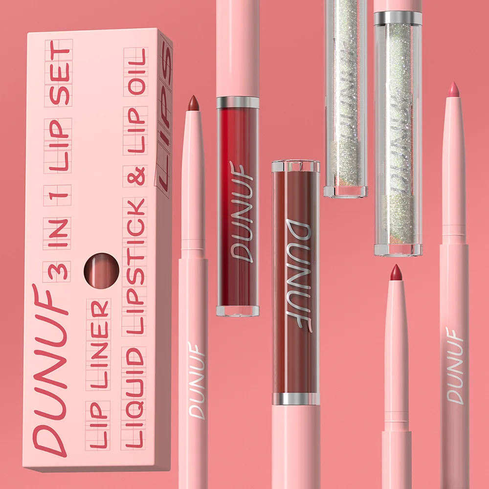 DUNUF 3 in 1 doe lips matte waterproof long-lasting non-flaking non-stick cup lip liner + lip gloss + lip oil