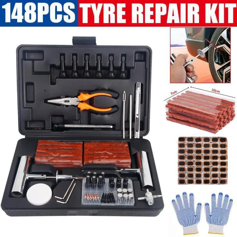 

148PCS Car Emergency Repair Tyre Puncture Repair Tool Motorcycle Car Tire Mending Vehicle Repair Kit