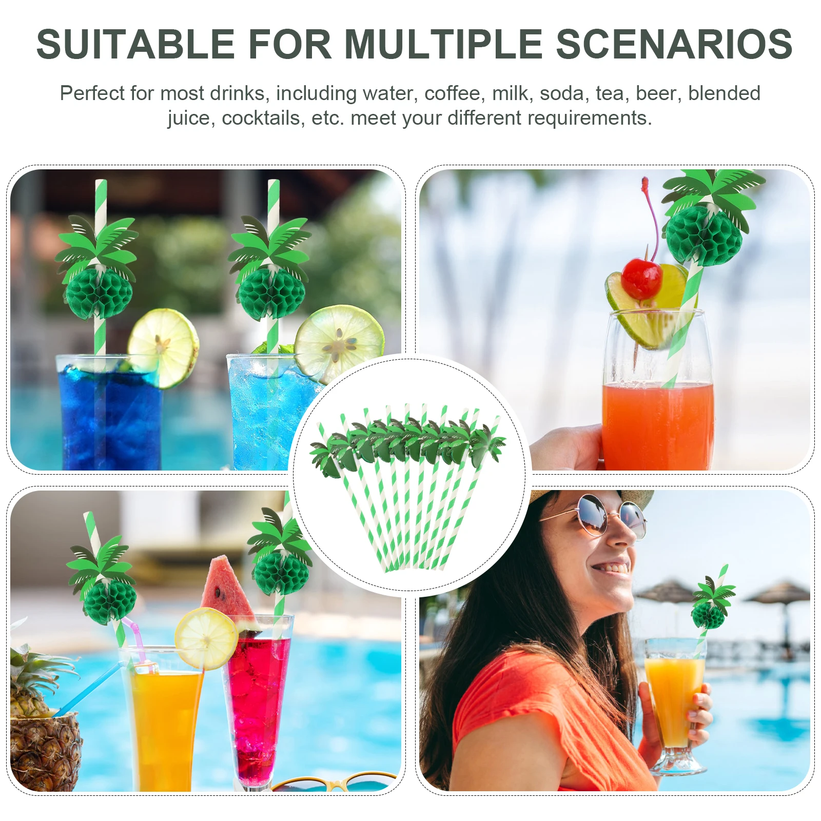 

50 Pcs Coconut Paper Straws Disposable Cocktail Drink Supplies for Coffee Smoothie Party Tableware Hawaiian Theme