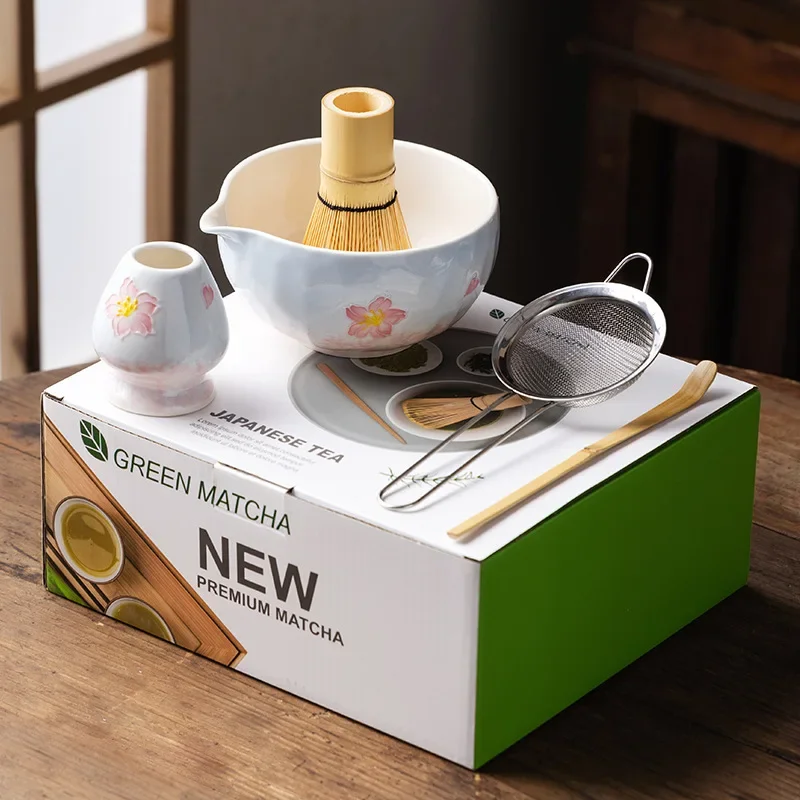 5pcs/set Japanese Sakura Matcha Whisk Set with Bamboo Blossom Matcha Bowl Beat Tools Order Tea Bowl Set Order Tea Mixer