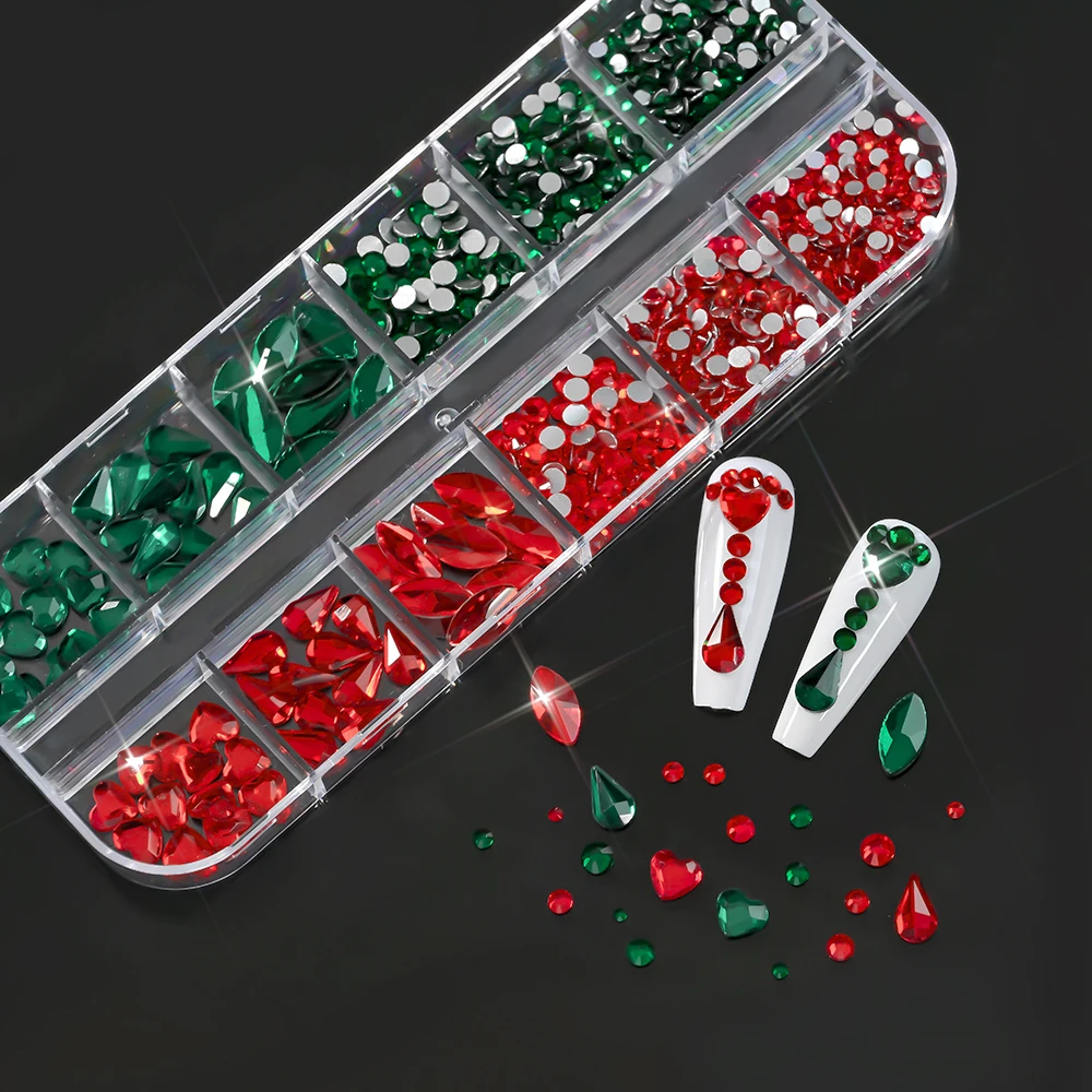 12 grades 3d natal vermelho & verde arte do prego strass misturados redondos, gota, amor vidro gem encantos do prego brilho natal decoração da arte do prego