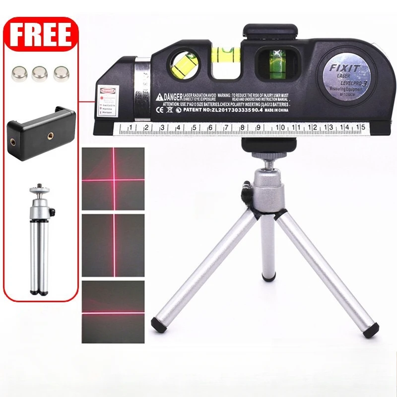 Laser Level Measuring Tool Standard Crosshair + 8-Foot Multi-Functional Tape Measure + Straight Ruler + Bubble Level With Metal