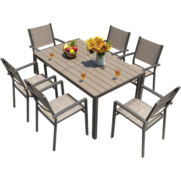 Patio Dining Set 7 Pieces Outdoor Furniture with Large Table and 6 Textilene Chairs for Porch, Brown