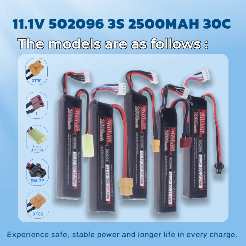 

11.1V 3S 2500mAh 30C Airsoft LiPo Battery for AEG Guns - Fits Tamiya & XT30, Compact Size 502096 for Enhanced Performance