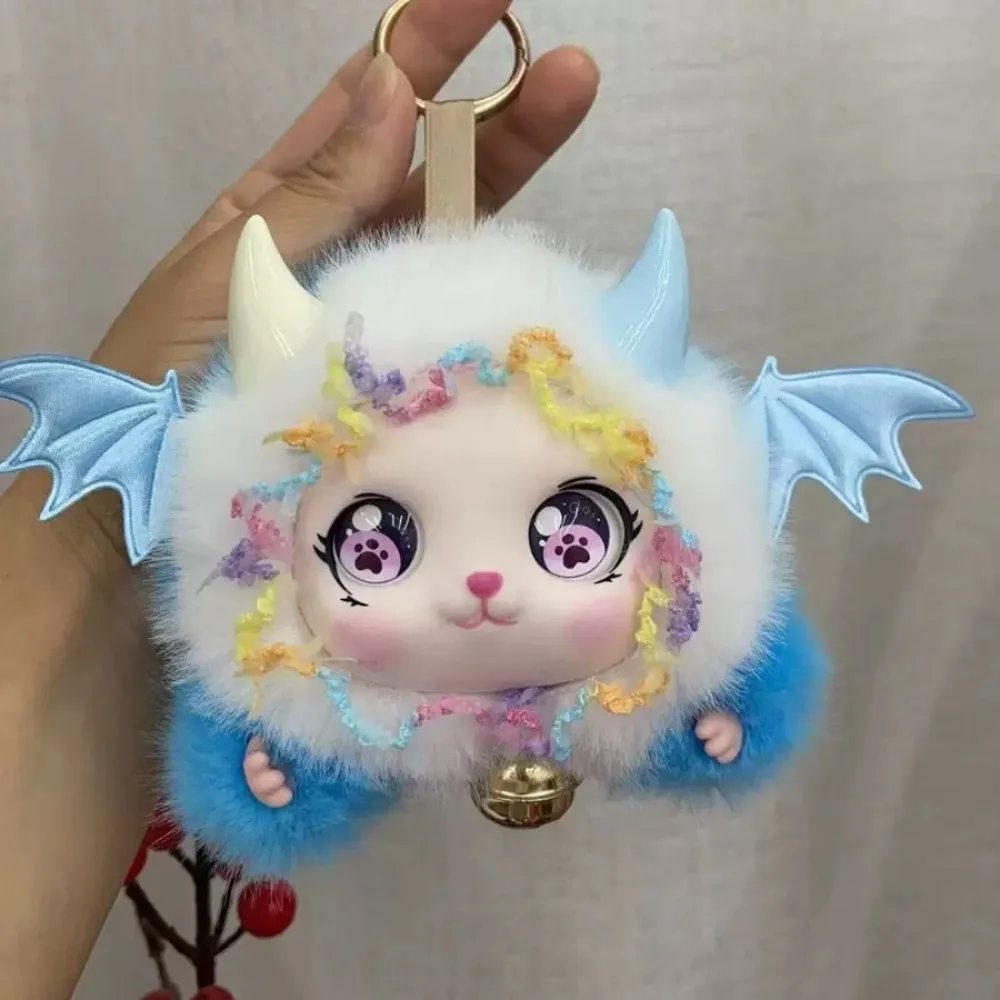 Kawaii Small Devil Doll Keychain Fluffy Plush Pendant with Bat Wings Horn Color Lace Bell Cute Vinyl Face Bag Charm Girls Gift