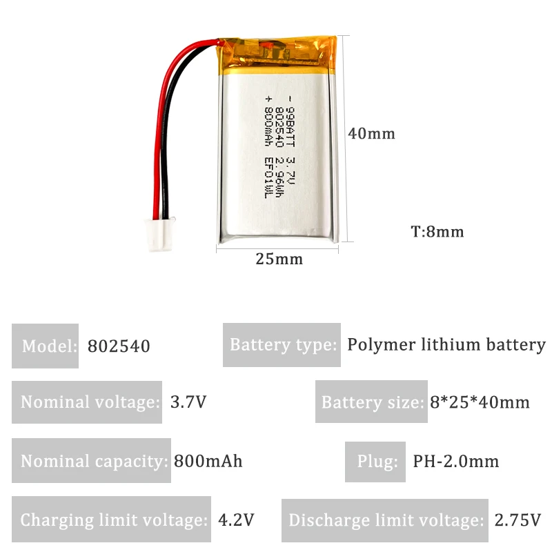 802540 Battery 3.7V 800mAh Lipo Rechargeable Polymer Lithium Batteries for Flashlight Remote Controller Handheld Fans Massager