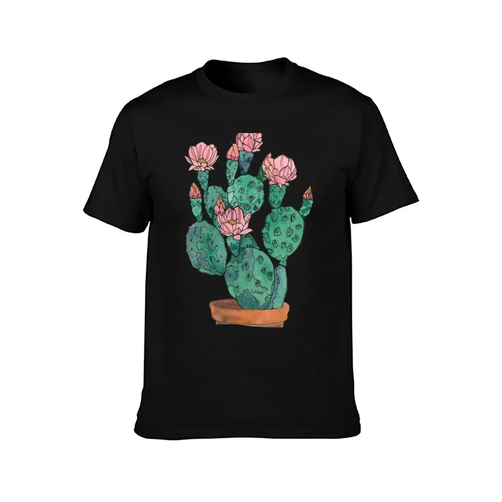 Watercolor and Ink Cactus in Terracotta Pot – Botanical Succulent Art Print T-Shirt, Summer Casual Cotton Tee, Unisex Men Women