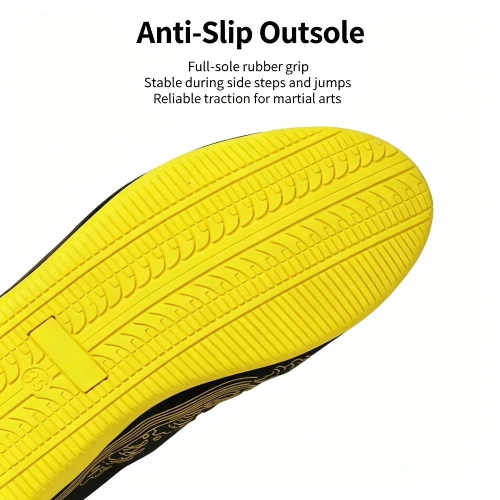 Glossy Genuine Leather Kung Fu Shoes Embossed Wu Character Wave Pattern Non-slip Yellow Outsole Tai Chi Wushu Competition Sneake view 4