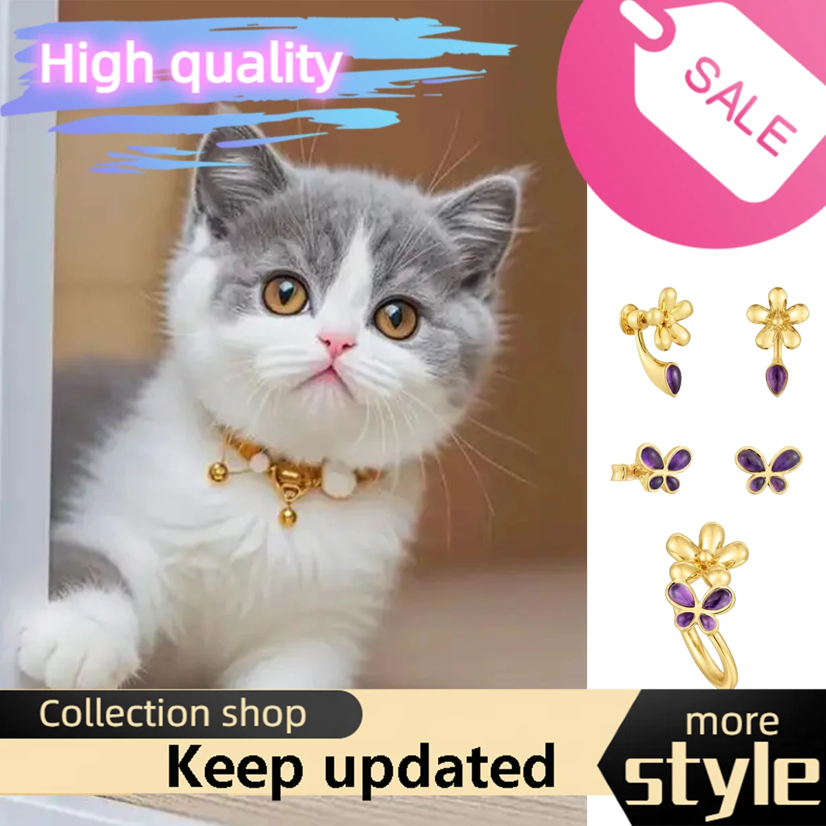 

Cat accessories 2025 new 925 silver jewelry set flower purple crystal butterfly earrings fashionable and light luxury