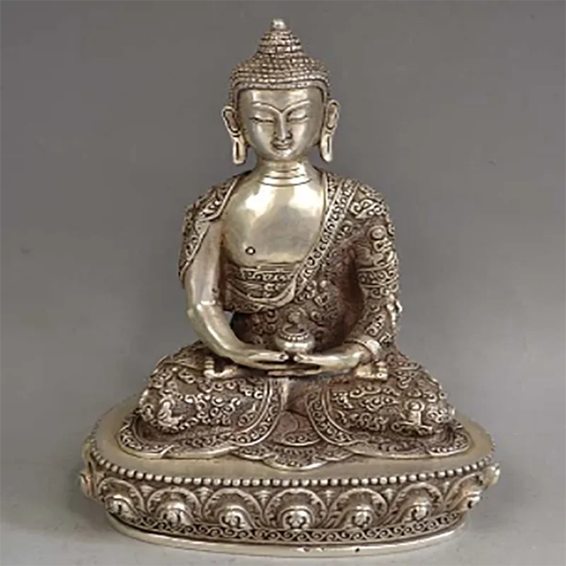 Elaborate Chinese Tibetan Silver Buddha Shakyamuni & Bowl Statue