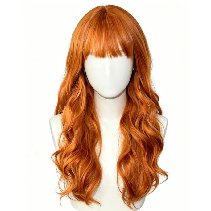 Personalized fluffy orange long curly hair wig with bangs and sweet style, women can wear the wig directly
