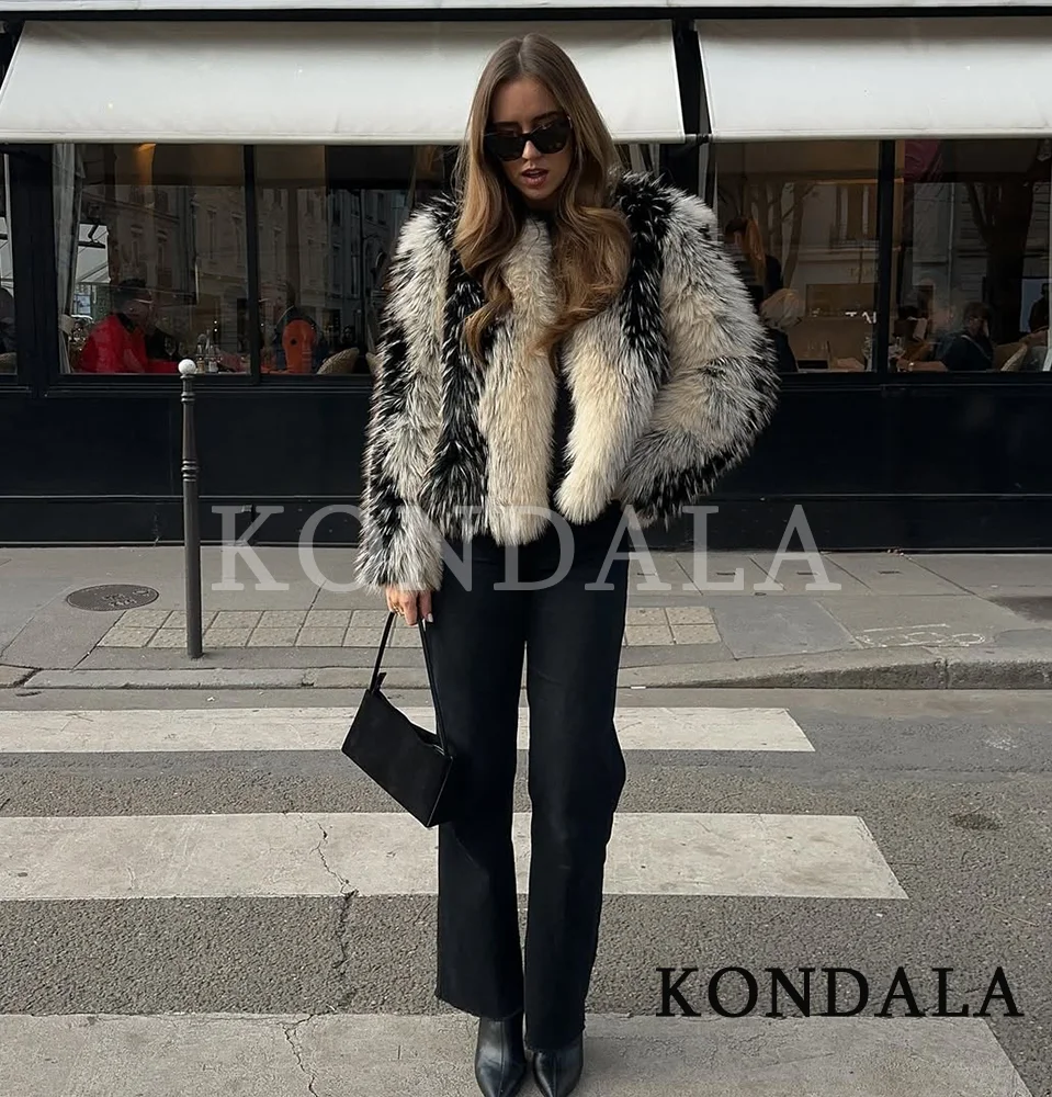 KONDALA معطف فرو نسائي عالي الشارع سترة عصرية متباينة برقبة دائرية سترة من الفرو الصناعي معطف موضة خريف وشتاء 2025 معطف نسائي ريترو #5