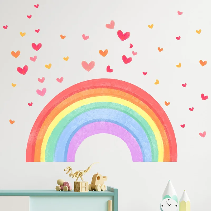 Grande arco-íris amor corações adesivo de parede para quarto do bebê berçário decalques diy auto-adesivo murais de vinil nordic arco-íris cartaz papel de parede