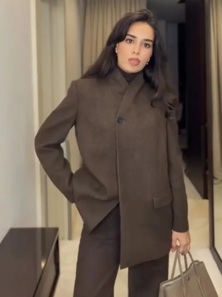 HH Women's Fashion Single Buckle Pocket Decoration Twill Blazer Long Sleeves Loose Jacket Woman Casual Commuting Blazer Coat