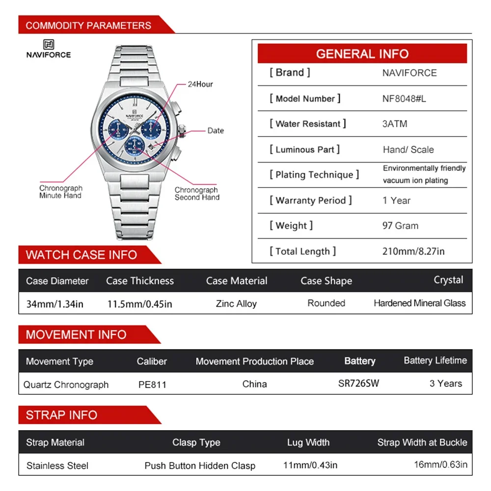 NAVIFORCE NF8048 Top Luxury Brand Women Watch Quartz Lady Wristwatch Chronograph Stainless Steel Bracelet Female Girl Clock Gift