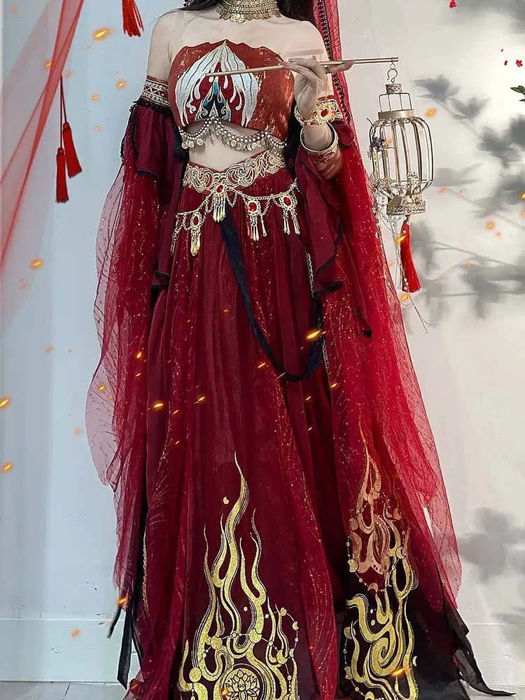 2025 new Festival Arabian Princess Cosplay Costume Women Indian Belly Dance Dress Hanfu Red Set Party Halloween Cosplay Coustume