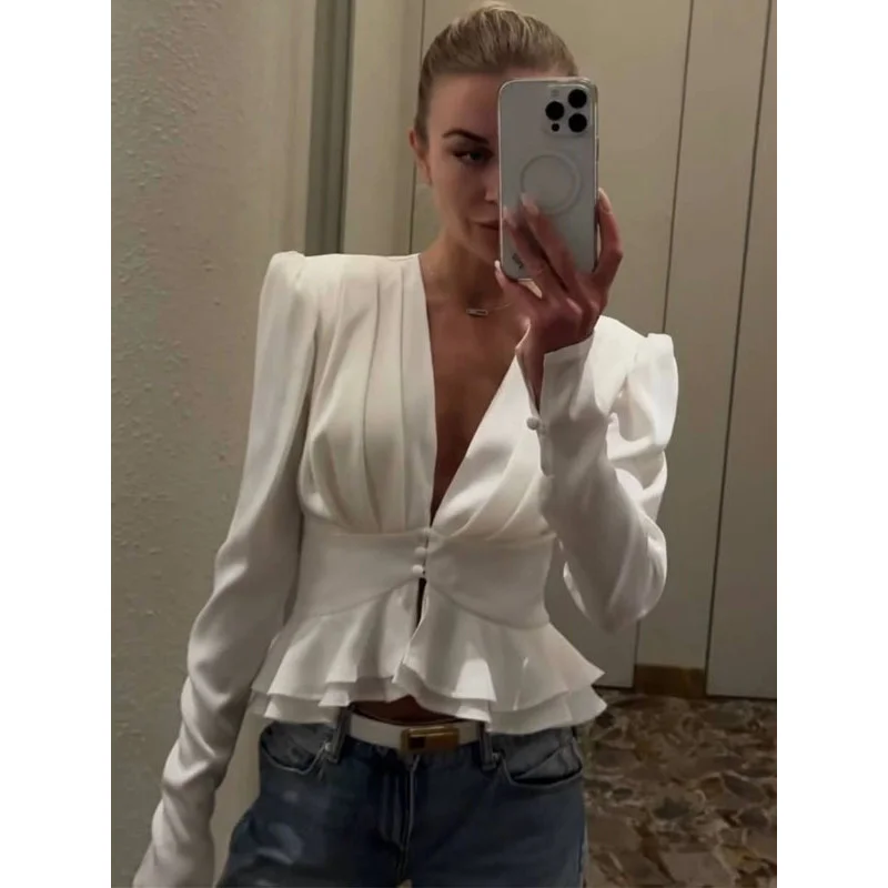 

Элегантная однотонная блузка с V-образным вырезом и рюшами, женская шикарная блузка с пышными рукавами, на пуговицах, с присборенной талией, плиссированная, весна 2026, для вечеринок