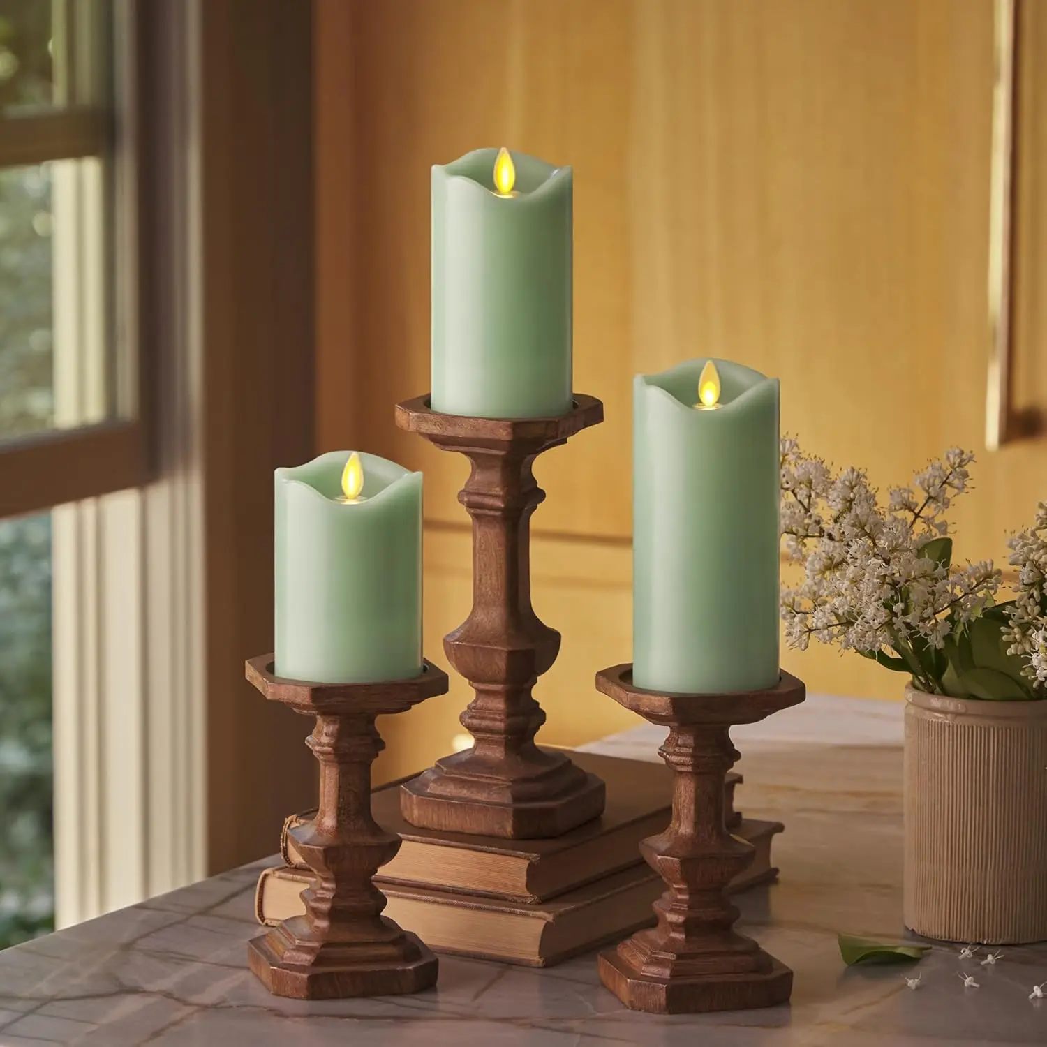 

Set of 3 Flameless LED Flickering Candles with Moving Flame, Real Wax Finish in Pastel Green