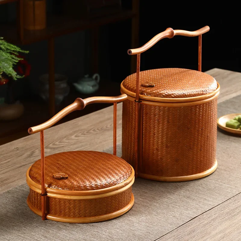 

Classical Bamboo Lacquer Basket Round Box for Tea Set Storage Home Pu'er Tea Snack Container