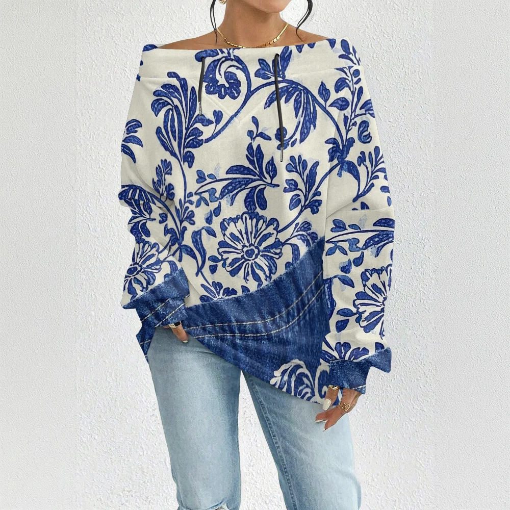 المرأة الأزرق خمر الأزهار طباعة البلوز قبالة الكتف الرباط البلوز الأعلى مع الزهور الوردية فضفاضة تناسب بلوزة عادية
