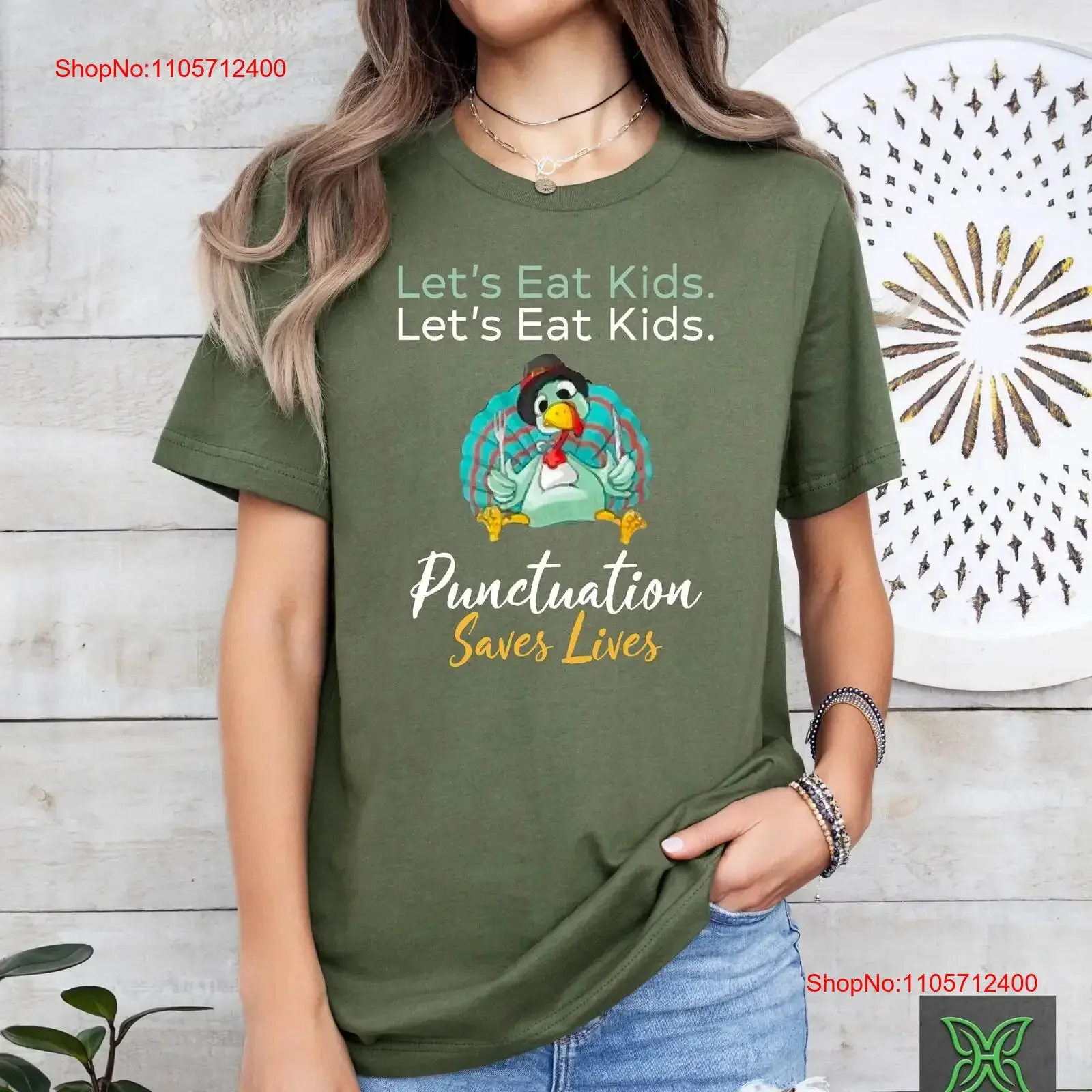 Funny Teacher Thanksgiving T Shirt Fall Turkey for English Let's Eat Kids Punctuation Saves Lives vintage Washed Stretched