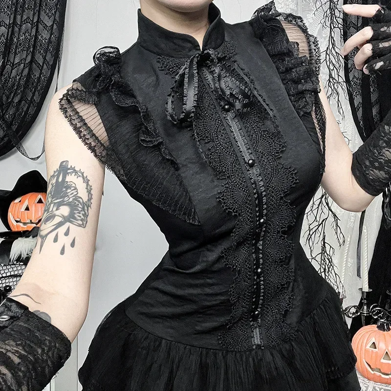 2025 New Dark Fairycore Black Sleeveless Shirt Dress Retro E-girl Lace Splice Party Ball Gown Gothic Zip Slim Mini Dresses Women