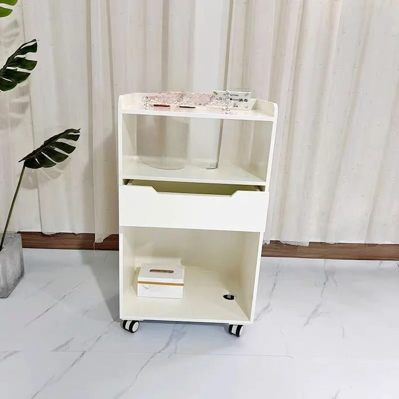 A three-story solid wood cart for a light luxury fashion beauty salon, instrument storage toolbox, layered shelves inside the to