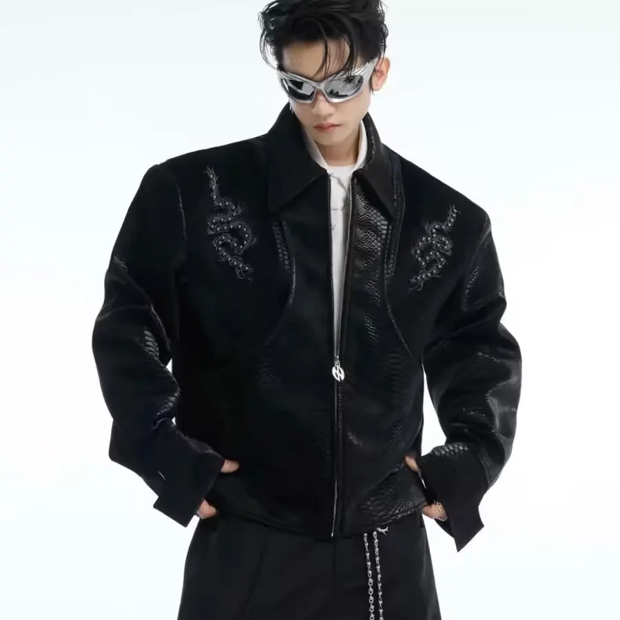 Leather Coat Pleated Design Streetwear Motorcycle Personalized Punk Thick  Jacket Spine Snake Pattern Rivet Autumn Streetwear