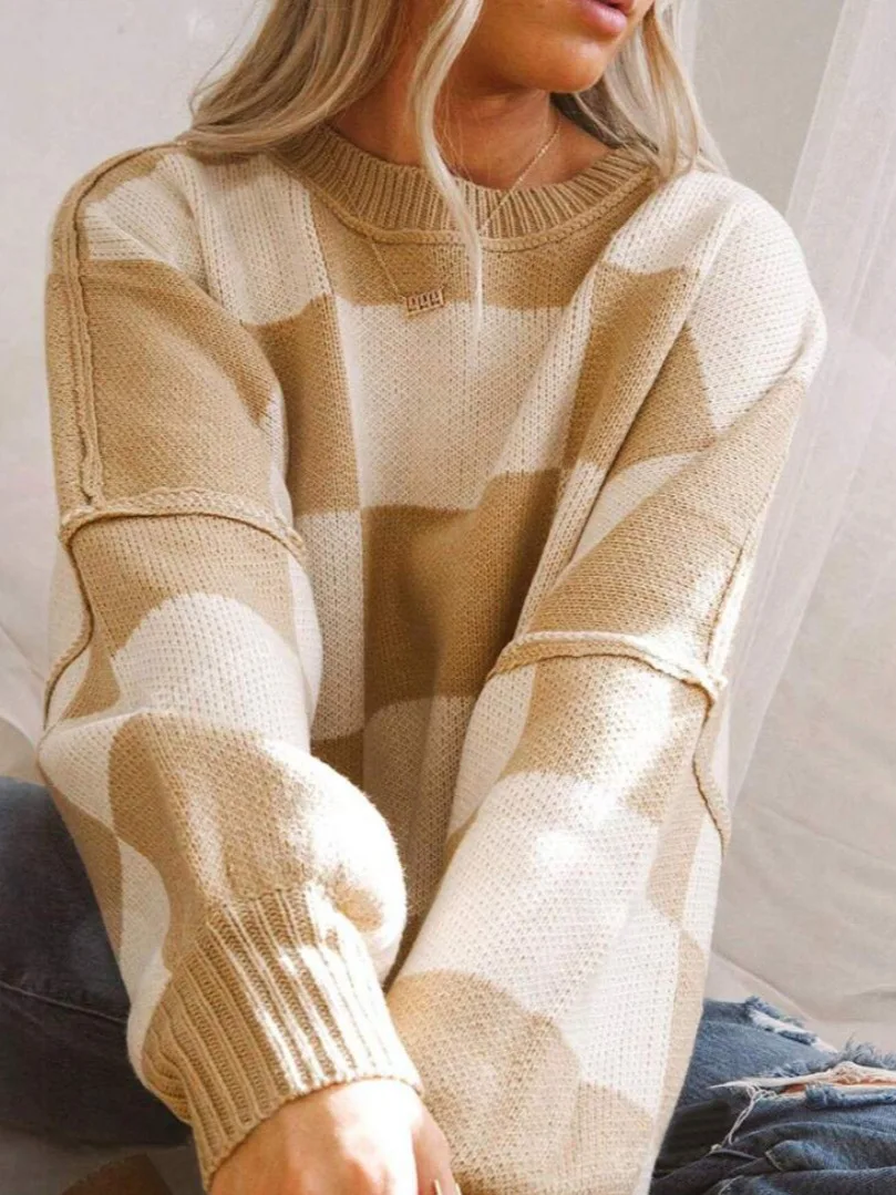 

Extraordinary Sweater Oversized Checkered Knit Sweater Round Neck Comfortable Sweater European Elegant Lightweight Pullover
